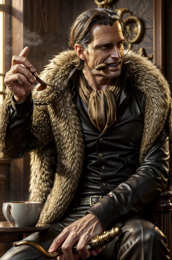 masterpiece, Highest quality, Very detailed, Surreal, Realistic, Cool man in his 40s, Ultra detailed face:1.2, Fur coat, a scarf around the neck, In his left hand is a golden pirate hook, cigar, Coffee cup on the table:1.3, a modern livingroom, Laughter, Dynamic pose
