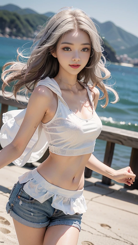 Best products by professional photographer,(Best quality,realisticphoto,detailed:1.1),Korean k_pop girl、Beautiful double eyelids、very Small flat breasts,white hair,Beautiful Skin,beautiful maked up face,narrow eyes,thin lips,large mouth,delicate slim body,smile,fun,beach,hoodie,shorts,summer,windy, Shooting from below at an angle,Low - Angle,bellybutton,smart legs