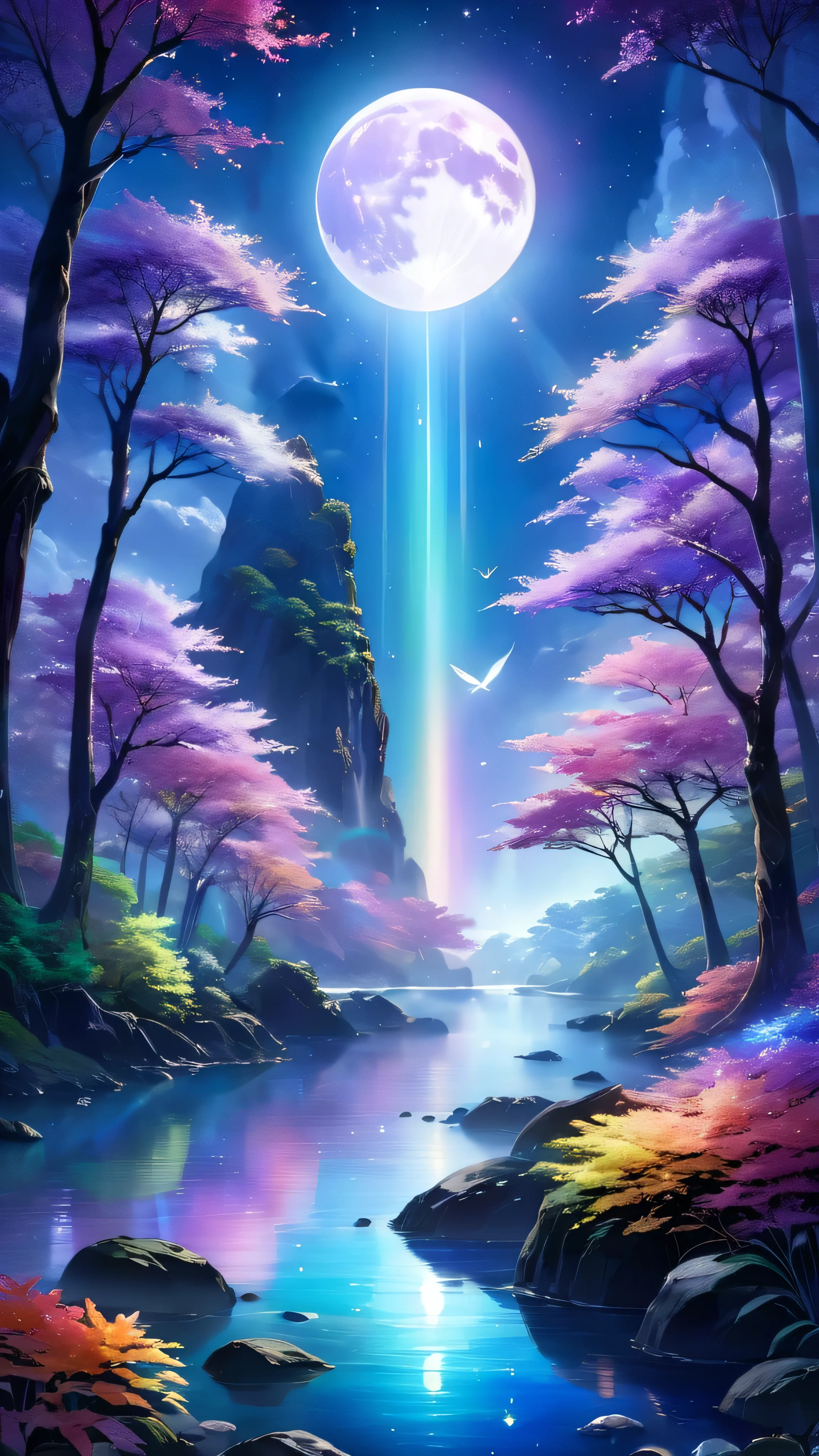 Fascinating, An otherworldly landscape enveloped in soft light, The rainbow glow of the three moons, Each has its own unique color、It has a bluish hue。, Silver Ethereal, and a deep amethyst color. In the foreground, Ancient, Towering trees with iridescent bark stand guard, The leaves sparkle like liquid mercury、Decorated with changing patterns. Under the tree, A clear river flows, The water reflects the color of the moon, A fish with milky white scales glides through the current.

In the distance, Floating islands made of luminous minerals float in a rainbow sky, calm, Prismatic light reflects off the surreal terrain below. On one of these islands, Majestic, A rainbow-colored bird with wings like stained glass soars gracefully, Their feathers reflect the moonlight, creating breathtaking colors..

The audience watching this breathtaking spectacle, They can almost feel the gentle caress of an iridescent breeze。, Fascinating, pulsating, carrying the sweet scent of flowers from another world, hypnotic rhythm. The entire landscape appears to exist in a state of perpetual motion., Like a living thing, Breathing Entity, And the air itself is filled with an otherworldly energy beyond imagination..

This sight is a testament to the infinite wonder of the universe。, A symphony of color and light that evokes awe and wonder, Transporting the observer to a realm where the extraordinary is commonplace, Its beauty is incomparable.