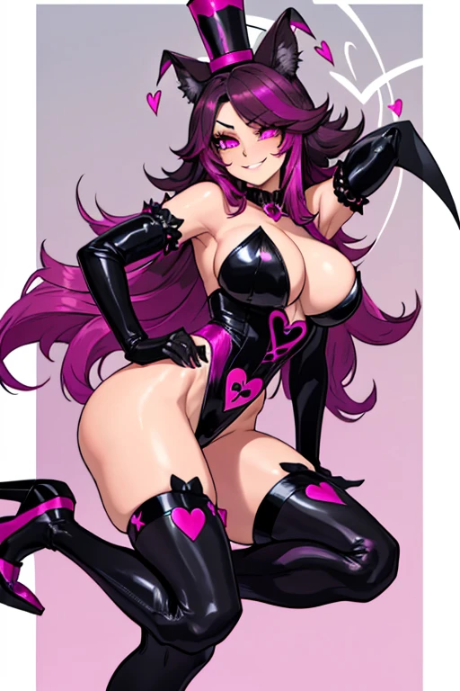 female, black long hair with magenta highlights, silver eyes, black wolf ears, black wolf tail, (((1girl))), (((black ringmaster outfit with magenta trim))), (magenta leotard), (magenta gloves), (magenta stockings), (black heels), (black top hat), cute and sexy, full body, large breasts, large butt, long legs, smiling