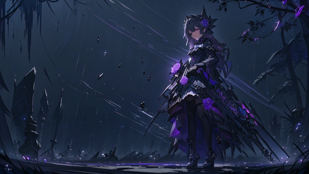 Anime girl in a purple dress holding a purple rose and a black and white umbrella, Shadowverse Style, Stylish Dark Witch, dark witch character, Gothic Maiden Anime Girl, Dark Sorceress Full View, Dark magician full body pose, Astral Witch Outfit, mechanized witch girl, From Bravely Default II, marisa kirisame, From Girls Frontline