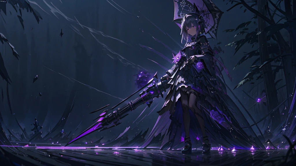 Anime girl in a purple dress holding a purple rose and a black and white umbrella, Shadowverse Style, Stylish Dark Witch, dark witch character, Gothic Maiden Anime Girl, Dark Sorceress Full View, Dark magician full body pose, Astral Witch Outfit, mechanized witch girl, From Bravely Default II, marisa kirisame, From Girls Frontline