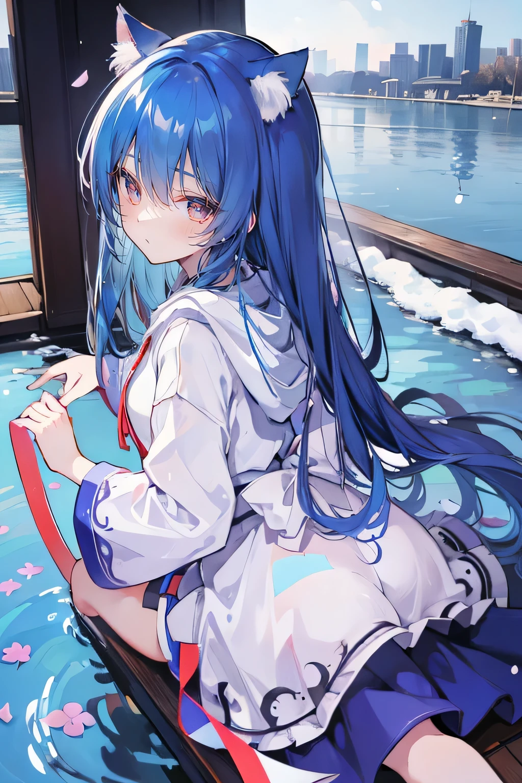 (masterpiece:1.2),Super detailed,lifelike,Expressive eyes,fair skin,perfect face shape,1 girl,
Japanese comics,Gorgeous blue hair,flowing blue hair,flowing clothes,Cat ears,Petals fall,beautiful lola,Baby Angel,
Shaking head with one hand,Cross your legs,Gentle and peaceful background,The pavilion is cool and comfortable,smile, wearing hoodie, background of tokyo,back views,snowing, winter,lie on the water.