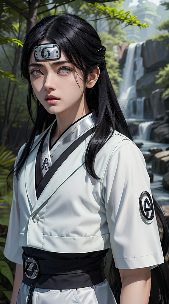 He is wearing a Konoha Village forehead protector on his forehead.、1 male,juvenile、 Neji Hyuga in Naruto Shippuden, Long Hair , Black Hair, White light eyes, good looking, White clothes, Realistic clothes, Clothing Details,Green vest、 Forest Background, Super detailed, Realistic
