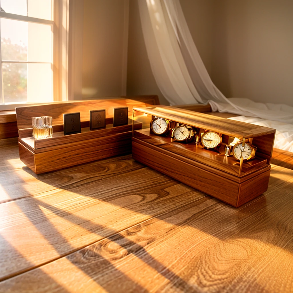 In this cozy room,A ray of sunlight shone on the table through the half-drawn curtains,Let the wood grain on the watch storage case shine with a faint sheen。There is a calm and serene atmosphere in the surrounding air。Several still lifes hang on the walls of the room,It adds a touch of elegance to the space。And on the other side of the room,A half-open window lets the breeze blow in,The pages on the small desk by the window flipped in the wind,This quiet scene gives a sense of tranquility and comfort。