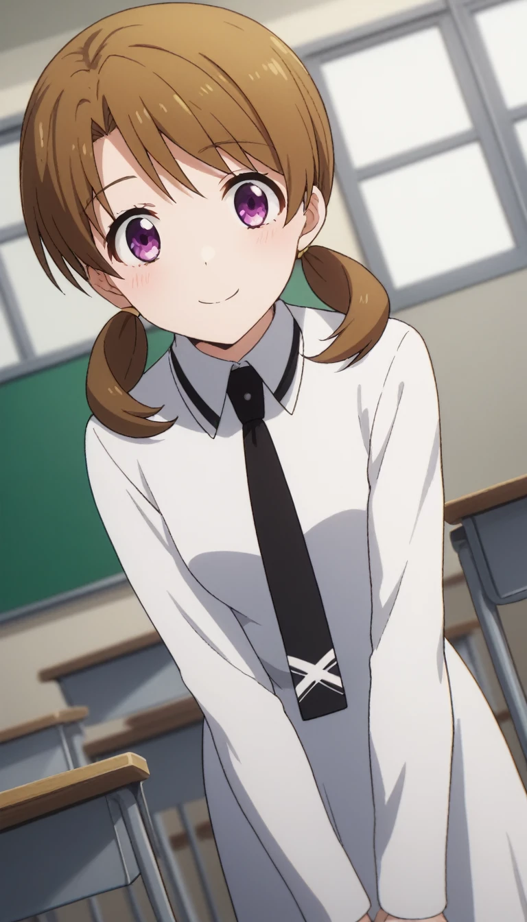 score_9, score_8_up, score_7_up, source_anime,
honokamitsui, honoka mitsui, bangs, brown hair, twintails, purple eyes, low twintails,
long sleeves, dress, , pantyhose, necktie, white dress, black necktie,
indoors, classroom, bent over, smile,
solo, dutch angle, looking at viewer, cowboy shot,