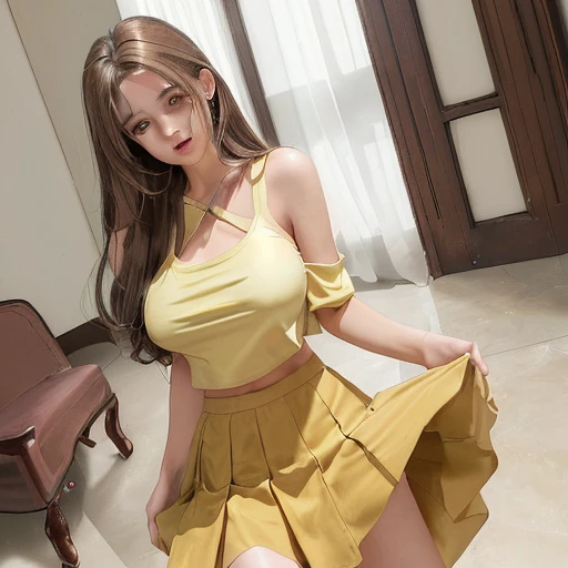 A girl with floor-length light brown hair and yellow eyes wearing a mini skirt as well as a top that almost exposes her large breasts.