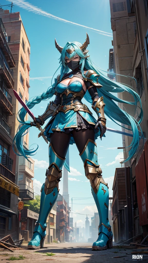 Girl with long cyan hair and double braids,iron mask,tights,Cyan armor,cleavage,Iron skirt,,iron boots,Great sword,Standing,ruined city