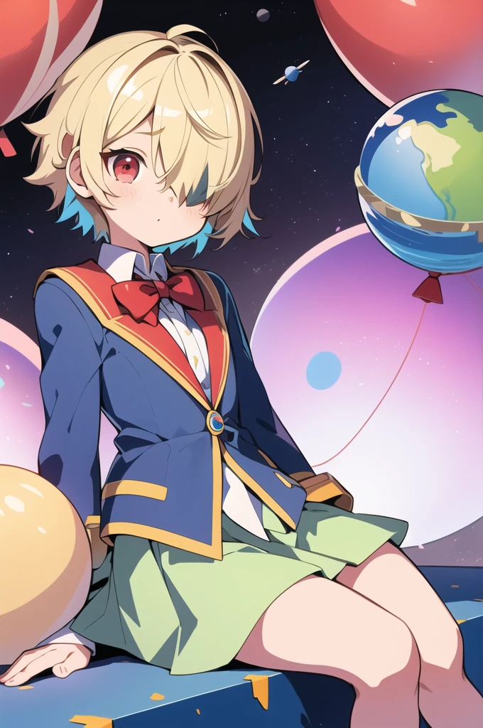 ([balloon:small planets:0.5]:1.4), (small_planets inside of balloon:1.4), (A lot of colorful small_planets:1.35)
(colorful planets, Earth, Floating Petals, big balloon:1.22),
1 Girl, Cute face,
whole body, Sitting, Beautiful eyes in every detail, barefoot, Outfit combinations, goddess, Perfect body, [Browsing Caution:0.88]
(Sitting on ice_planet:1.22)
(A lot of [Floating blue butterfly:floating ice:0.4]:1.22)
(Detailed light), (Very delicate and beautiful), Volumetric Light, Best Shadow,Cinema Lighting, Depth of written boundary, Dynamic Angle, Oily skin,(Barrette)、(((Hair on one eye)))、(((Blonde short hair))),(Red eyes)、Blue blazer、White shirt、Red tie、Brown plaid skirt、