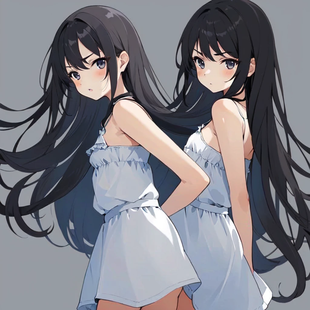 best quality, masterpiece, 1girl, erika, long hair, black eyes, flat chest, , from side, serious, arms behind back, cowboy shot, grey background