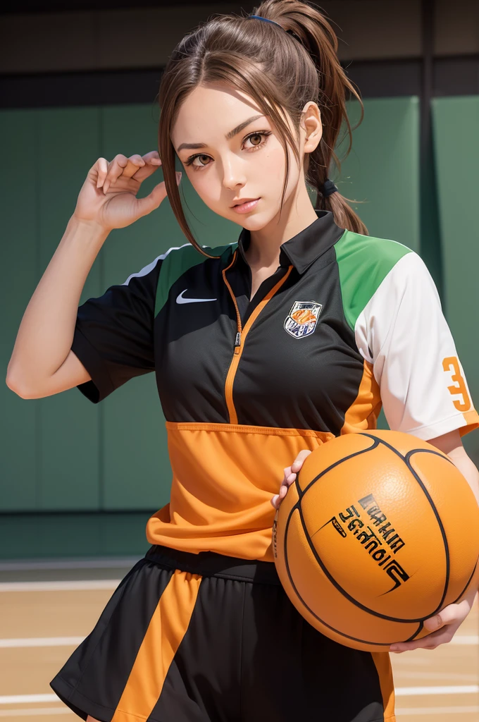 Create an image in the drawing style of the anime haikyuu, of a beautiful woman, with brown hair, half green brown eyes, Caucasian skin, Bullish, with a ponytail and a black uniform with orange details ( from Karasuno High School ) with number 3 on the court