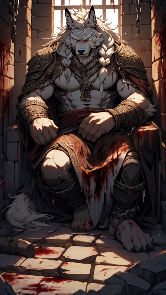 (masterpiece),(highres),(intricate details:1.4),extremely detailed,(illustration:1.2),8k,photorealistic,full body,exquisite,solo,elder male wolf,muscular,general,(damaged body:1.4),(white hair:1.3),long hair,braided hair,beard,scar,naked,captured,imprisoned,dungeon,tortured,chains around body,in great pain,weak,distressed,(tattered clothes:0.8),(Warhammer 40K:0.8),aging,feeble,lying on ground,(blood:1.4),cold hard floor,chains wrapped around limbs,(iron shackles:1.2),(dim lighting:1.2),(damp air:1.2)