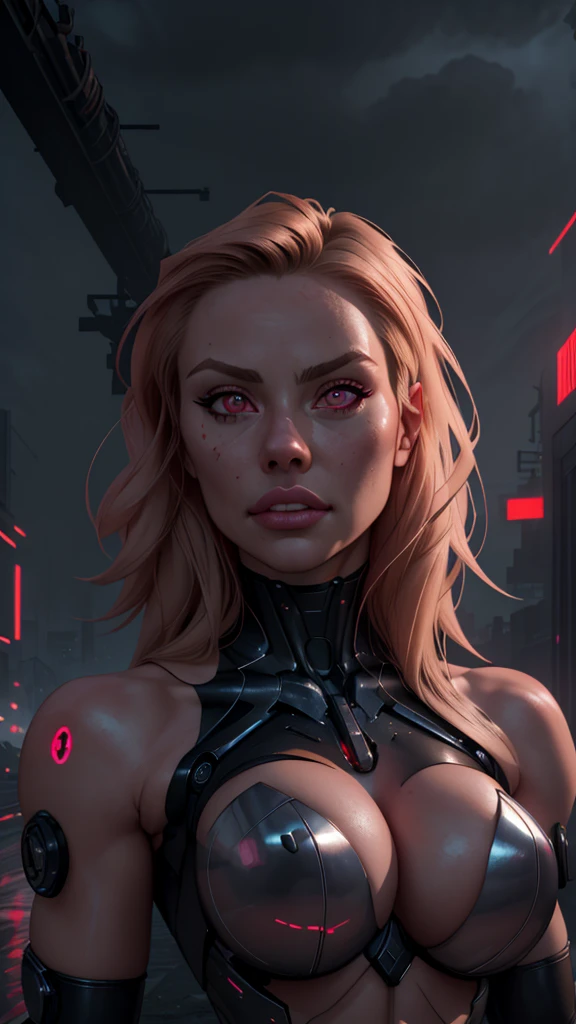 (best quality,ultra-detailed,realistic:1.37),woman cyborg,red eyes,evil,anime,huge ,sleek metallic body,expressionless face,glowing circuits,enormous energy blade,mechanical limbs,dystopian city backdrop,neon lights reflection,dark and ominous atmosphere