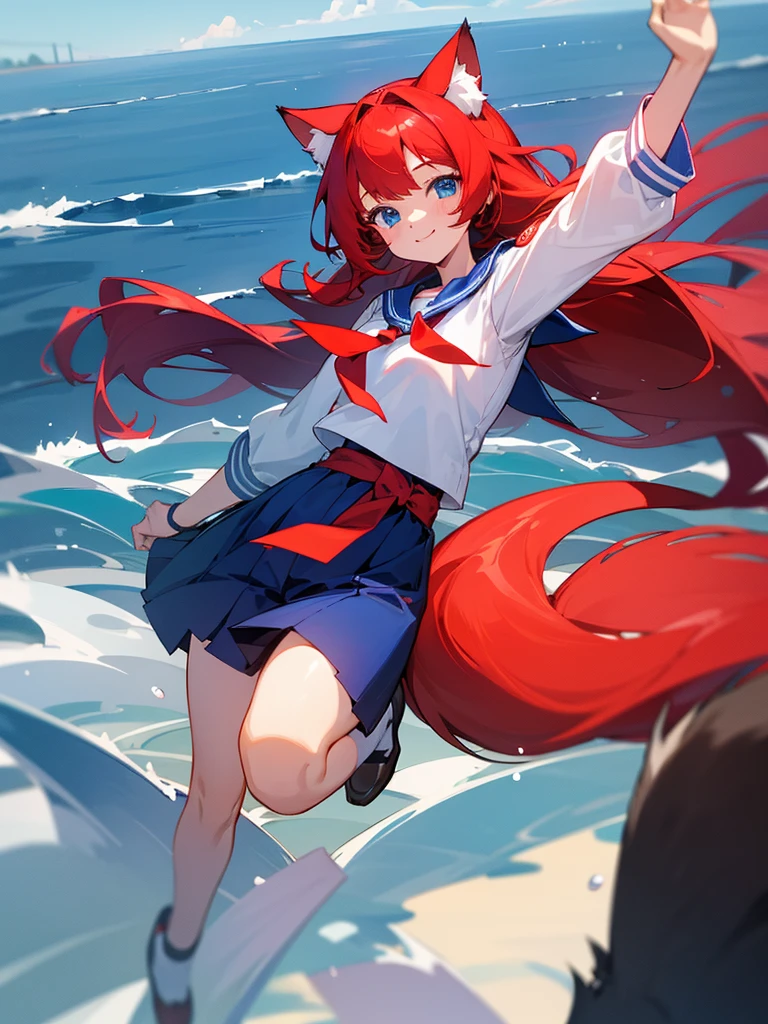 Highest quality,High resolution,1People Girl,whole body,fine,smile,looking at the camera,Semi-long hair,Crimson hair,Blue eyes,Sailor suit,beautiful girl,Cat ears on the head,Cat tail on waist,smile,be happy,Landscape,Run,