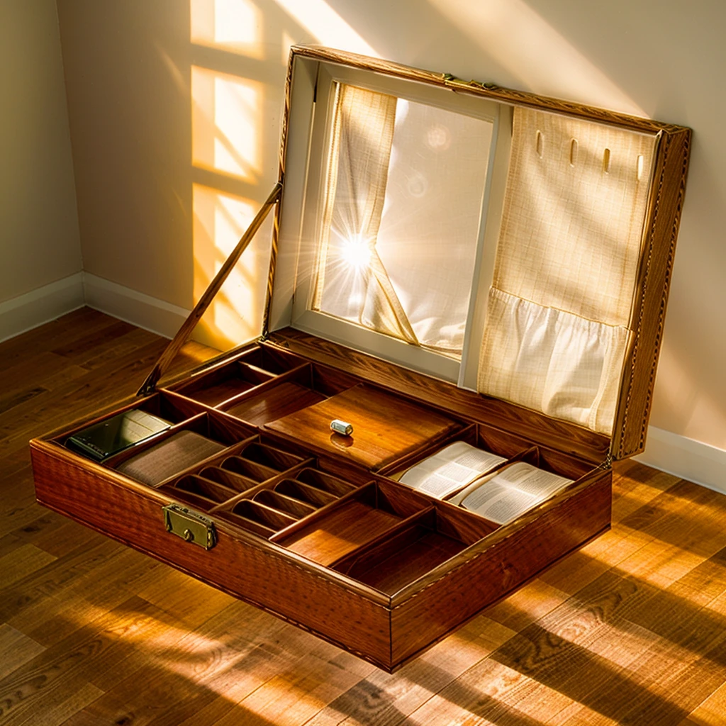 In this cozy room，A ray of sunlight shone through the half-drawn curtains on the table，Let the wood grain on the watch storage box shine with a faint luster。There was a calm and peaceful atmosphere in the air around them。There are several still lifes hanging on the walls of the room，It adds a touch of elegance to the space。And on the other side of the room，The half-open window lets in the breeze，The pages on the small desk by the window turned in the wind，This quiet scene gives a sense of tranquility and comfort。

