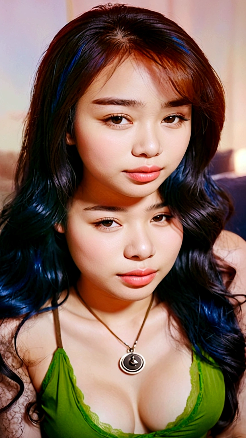 21 year old girl, in a see-through green nightgown, her nipples visible. he has long hair, black on top and whitish brown on the bottom. wearing bright light blue lace panties, full body, not fat and not thin, height 163 cm. slightly thick lips, rather wide and flat nose. there is a mole on the left forehead. reality photo, pro photography, masterpiece