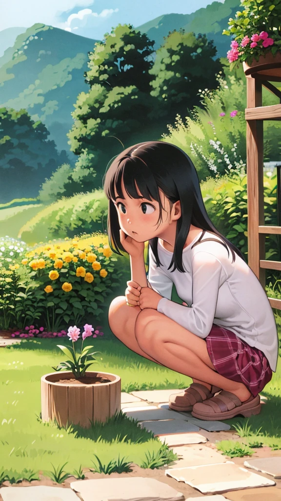 Girl、garden、squat、Sandbox