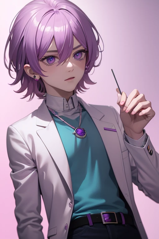 Gumball Handsome 18 year old boy with pale pink hair, pale pink skin, pierced ears, purple eyes, open white doctor's coat, pale purple jeans, white shirt with candy print, black belt, red jeans, necklace with blue gem, looking directly at the viewer. a white background.