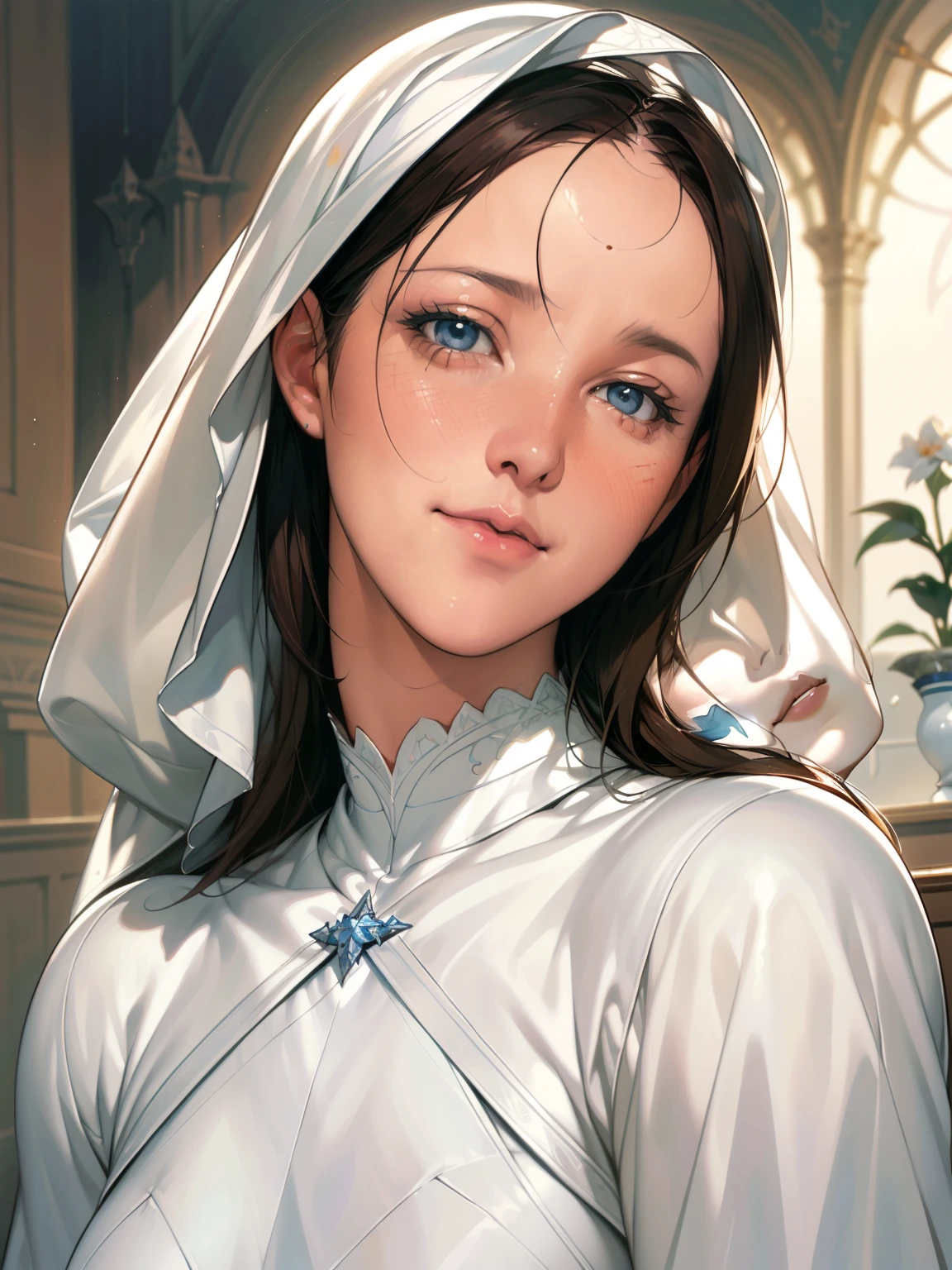 A beautiful ultra-thin Realistic portrait of the Virgin Mary, White outfit with blue details, ((Divinity)), whole body, Biblical, Realistic, Intricate details, Abbott Fuller Graves, Bartholomew Esteban Murillo, JC Leyendecker, Craig Mullins, Peter Paul Rubens, (Caravaggio), Art Station Trends, 8K, Concept Art, Fantasy art, PhotoRealistic, Realistic, shape, Oil, Surrealism, HyperRealistic, Brush Brush, Digital Art, style, watercolor, (A saint with a gentle smile), (RAW Photos, Realistic: 1.25), (Lip gloss, eyelash, Shining Face, Shiny skin, Highest quality, Ultra-high resolution, Written boundary depth, chromatic aberration, Caustics, Moisturized lips, Super Cropped Face, Shining details),