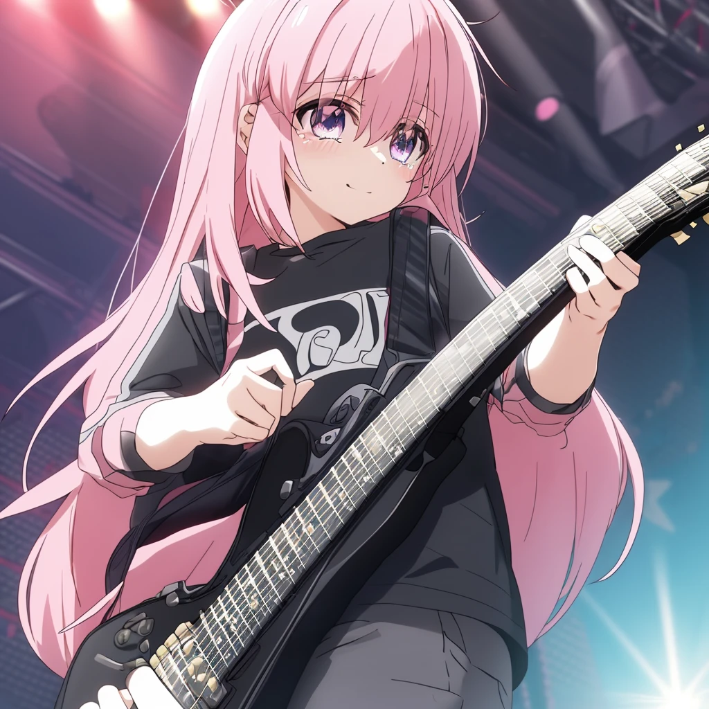 (((Holding a guitar　Pink Hair　Black Shirt)))　((Shining Tears　Pink Hair　Rainbow Eyes　Long Hair　Receiving the light　smile　On stage))　(Shining Edge　Pillar of Light)