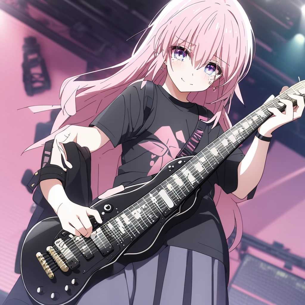 (((Holding a guitar　Pink Hair　Black Shirt)))　((Shining Tears　Pink Hair　Rainbow Eyes　Long Hair　Receiving the light　smile　On stage))　(Shining Edge　Pillar of Light)