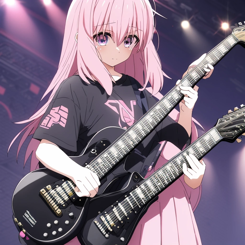 (((Holding a guitar　Pink Hair　Black Shirt)))　((Shining Tears　Pink Hair　Rainbow Eyes　Long Hair　Receiving the light　smile　On stage))　(Shining Edge　Pillar of Light)