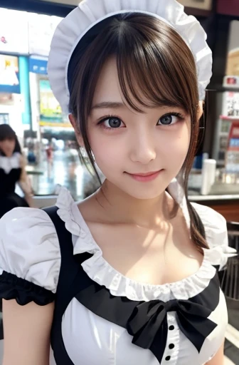 {{Beautiful and detailed eyes}, Detailed face, detailed eyes, slender face, real hands, cute Korean girlfriend 17 year old girl, perfect model body, looking at camera, sad smile, dynamic pose, maid costume, Akiba maid caffe, Akihabara, medium Breasts, cosmetics advertising model, girlfriend A girl is walking,