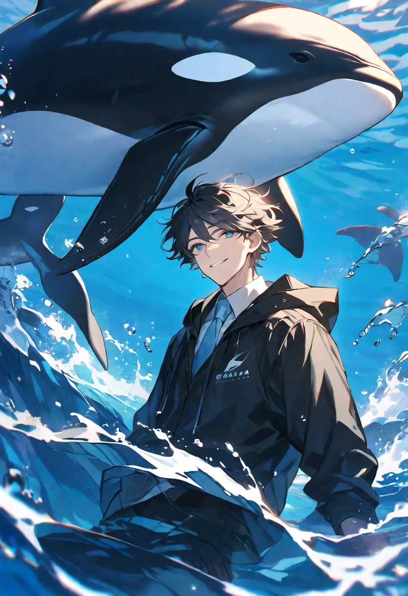 solo, handsome, 1 male, short hair, black and white color hair, pale blue eyes, white shirt, light blue tie, black hooded, smile facial, sea, orca