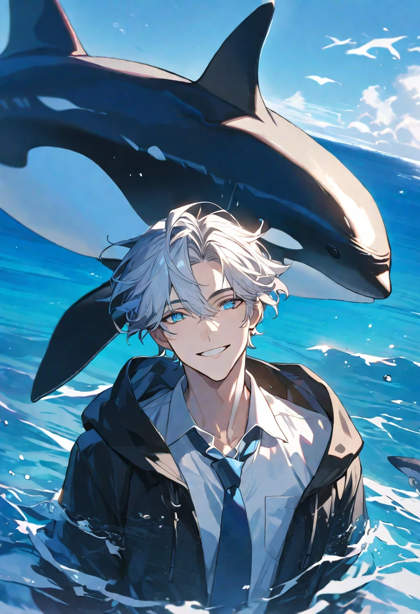 solo, handsome, 1 male, short hair, black and white color hair, pale blue eyes, white shirt, light blue tie, black hooded, smile facial, sea, orca