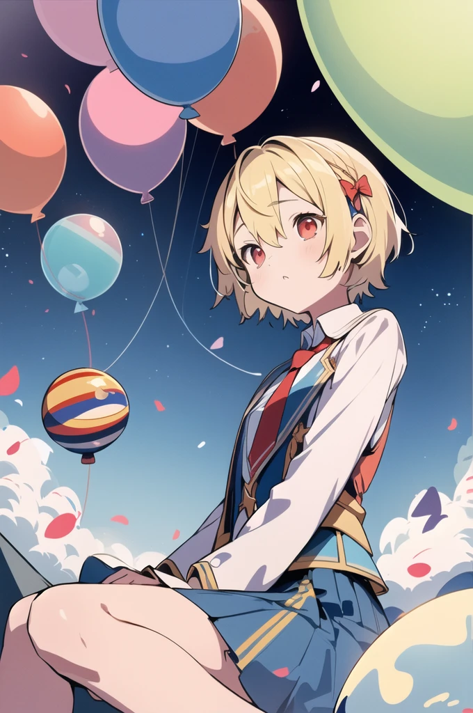 ([balloon:small planets:0.5]:1.4), (small_planets inside of balloon:1.4), (A lot of colorful small_planets:1.35)
(colorful planets, Earth, Floating Petals, big balloon:1.22),
1 Girl, Cute face,
whole body, Sitting, Beautiful eyes in every detail, barefoot, Outfit combinations, goddess, Perfect body, [Browsing Caution:0.88]
(Sitting on ice_planet:1.22)
(A lot of [Floating blue butterfly:floating ice:0.4]:1.22)
(Detailed light), (Very delicate and beautiful), Volumetric Light, Best Shadow,Cinema Lighting, Depth of written boundary, Dynamic Angle, Oily skin,(Barrette)、(((Hair on one eye)))、(((Blonde short hair))),(Red eyes)、Blue blazer、White shirt、Red tie、Brown plaid skirt、