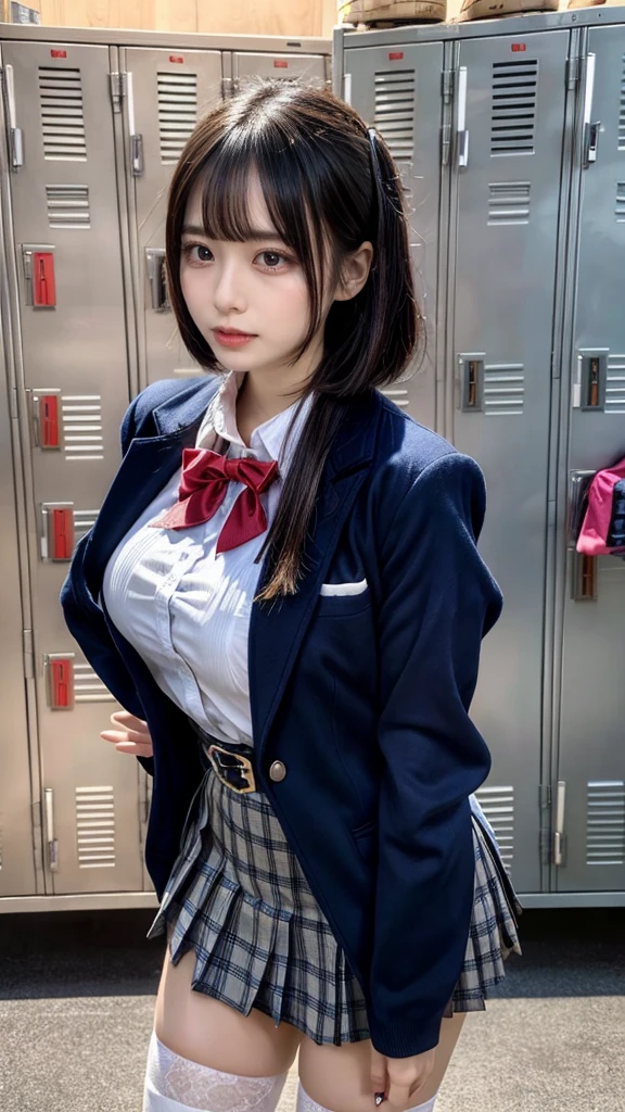 masterpiece, best quality, illustration, Super detailed, fine details, High resolution, 8K,wall paper, perfect dynamic composition,(Details High quality, realistic depiction of eyes:1.3), from side,locker room、High school girl uniform、blazer 、Super Short Check Uniform Skirt、Navy blue high socks、garterbelts、Colossal tits、Disturbed uniform, short bob hair, black hair color, huge breasts, Big Natural Color Lip, bold sexy pose, (perfect body shape), crying a little、Harajuku style、20 year old girl、 beautiful legs, hposing Gravure Idol, Voluptuous thighs