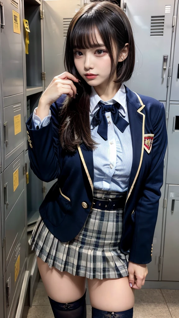 masterpiece, best quality, illustration, Super detailed, fine details, High resolution, 8K,wall paper, perfect dynamic composition,(Details High quality, realistic depiction of eyes:1.3), from side,locker room、High school girl uniform、blazer 、Super Short Check Uniform Skirt、Navy blue high socks、garterbelts、Colossal tits、Disturbed uniform, short bob hair, black hair color, huge breasts, Big Natural Color Lip, bold sexy pose, (perfect body shape), crying a little、Harajuku style、20 year old girl、 beautiful legs, hposing Gravure Idol, Voluptuous thighs