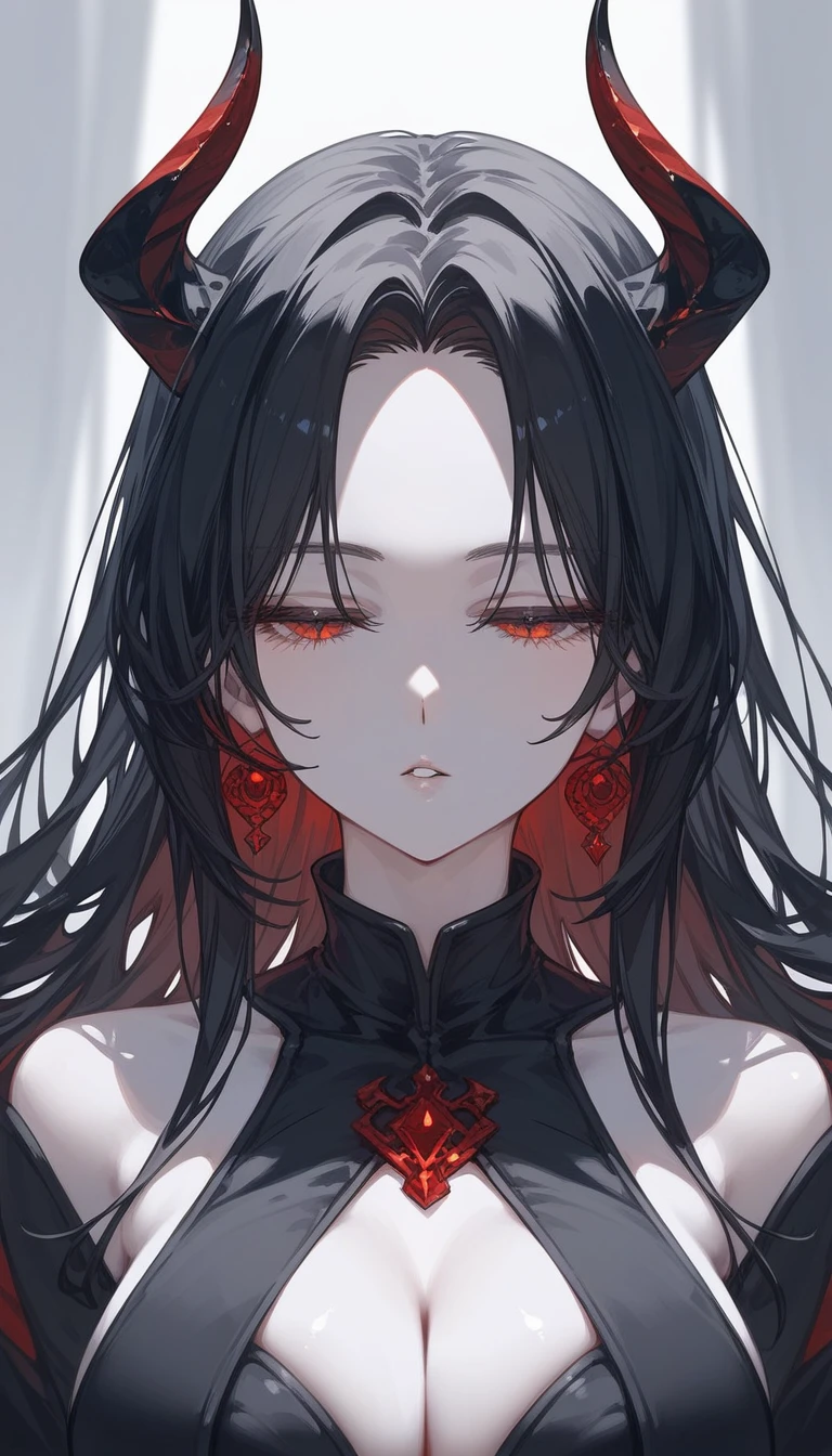 masterpiece, Score_9, Score_8_up, Score_7_up, front view, 1 woman, alone, black hair with red, long hair, parted bangs, dark red eyes, half-closed eyes, parted lips, expressionless, pale skin, large breasts, body suit, black bottom, best quality, horns up, long open bangs, black sleeveless shirt, black V-neck, red baggy pants, high heels.