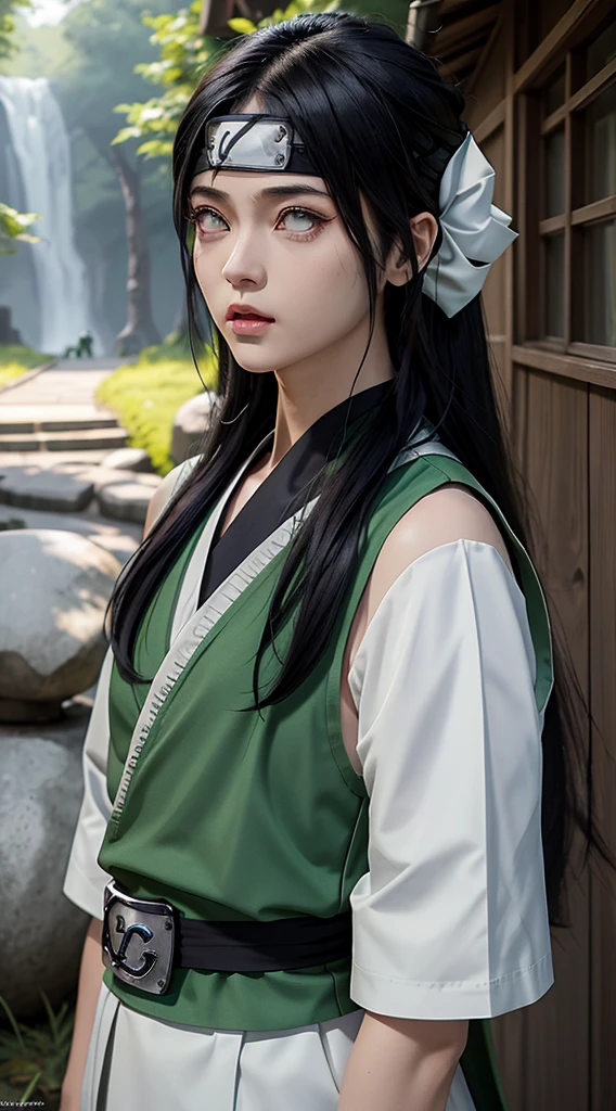 He is wearing a Konoha Village bandana on his forehead.、Wearing a green ninja vest、1 male,juvenile、 Neji Hyuga in Naruto Shippuden, Long Hair , Black Hair, White light eyes, good looking, White clothes, Realistic clothes, Clothing Details,Green vest、 Forest Background, Super detailed, Realistic
