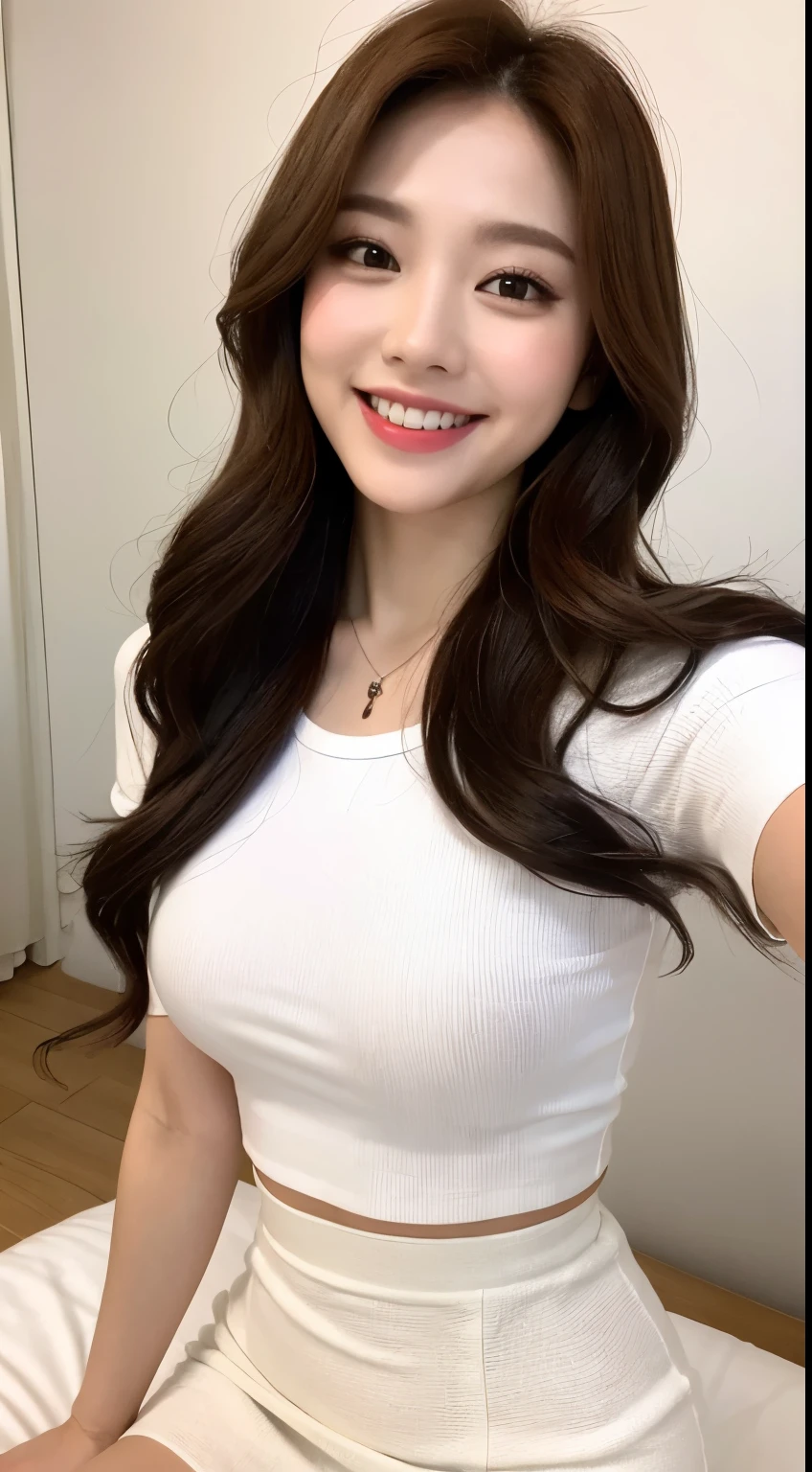 White tight skinny shirt、White tight skinny mini skirt、bed、smile、Short sleeve、high resolution、Korean idol face、double eyelid、White teeth