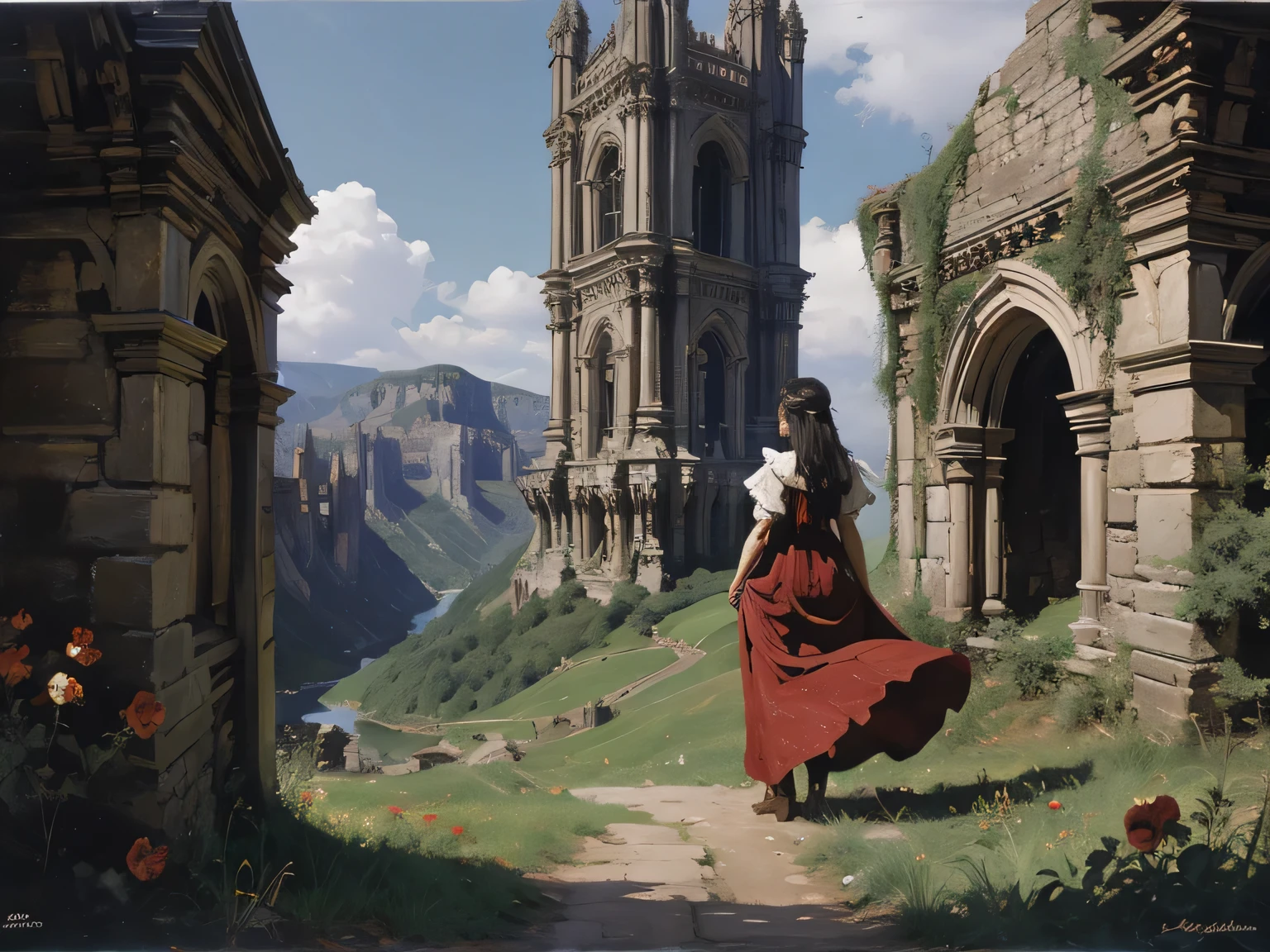 a full body girl wearing a purple medieval dress from the back in front of a giant medieval wall mid a open landscape,red apples,megalomania,city ruins,bealtifull landscape,flowers field,old trees,little lake on corner,detailed,oil painting,renascentist,frame,art style,art nouveau,far camera,shadow of the colossus,fellings