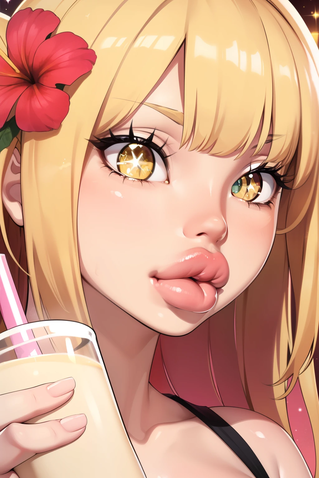 ((sandy blonde hair)), thick hair, long layered hair, voluminous blonde hair, volume long hair, bangs pink flower in hair, ((pink hibiscus flower in hair)), ((yellow eyes)), pretty eyes, ((sparkly eyes)), ((big lips)), wearing pink lip gloss, puckered lips, pretty lips, long hair, pink ambiance, pink sparkles, ((banana milk)) ((drinking banana milk)) ((mouth close up))