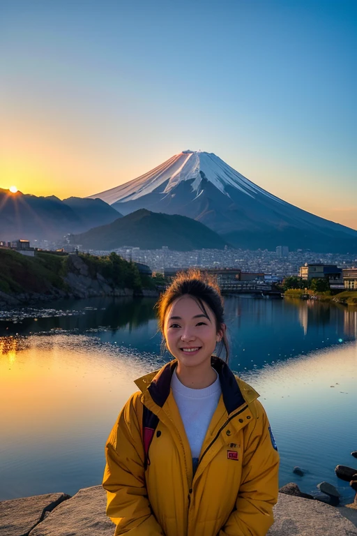 ((Highest quality)), ((masterpiece)), (detailed), The summit of Mt. Fuji,One girl, Sunrise Time