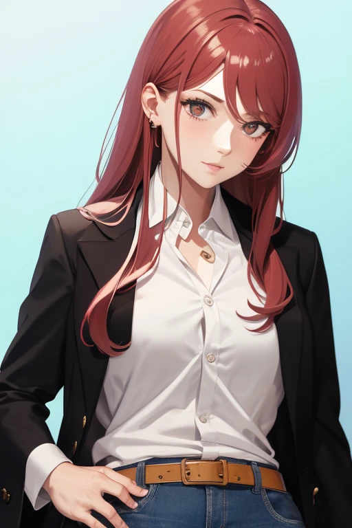 bonibel Handsome 40 year old woman with long wavy red hair with pink highlights, pierced ears, honey brown eyes, open white doctor's coat, blue denim jeans, white shirt with candy print, black belt, looking directly at viewer. a white background.