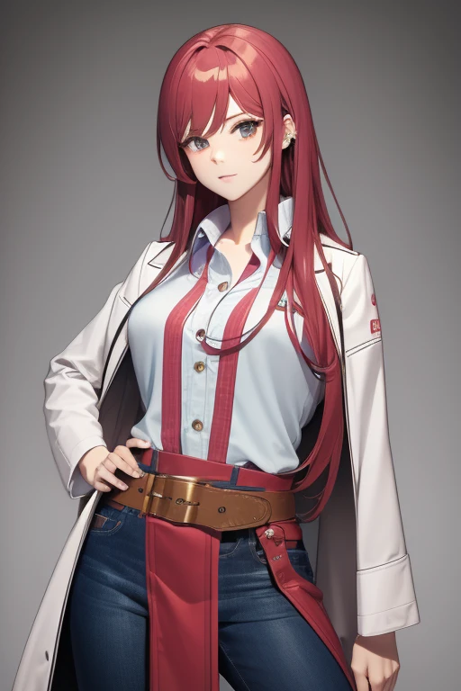 bonibel Handsome 40 year old woman with long wavy red hair with pink highlights, pierced ears, honey brown eyes, open white doctor's coat, blue denim jeans, white shirt with candy print, black belt, looking directly at viewer. a white background.