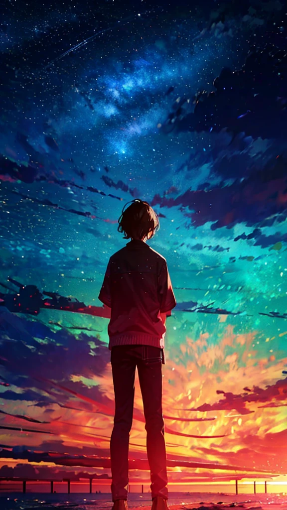 At night, ager standing on the beach,Look up at the starry sky,Full body photo,Delicate,pain