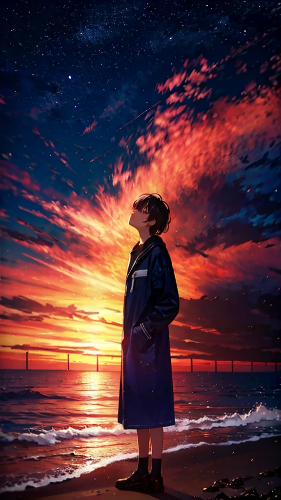 At night, r standing on the beach,Look up at the starry sky,Full body photo,Delicate,pain