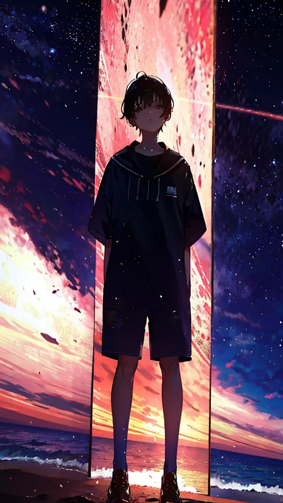 At night, r standing on the beach，Look up at the starry sky，Full body photo，Delicate，pain