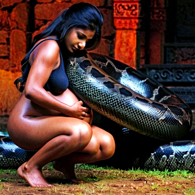 Pregnant  Happy Horny, aroused 1girl), beautiful kneeling indian  girl  with  giant black Titanboa squeezing her hard, wrapped in thick spiraling coils, constricted, struggle, gasping for air, snake attack, snake peril, moonless night, dim light