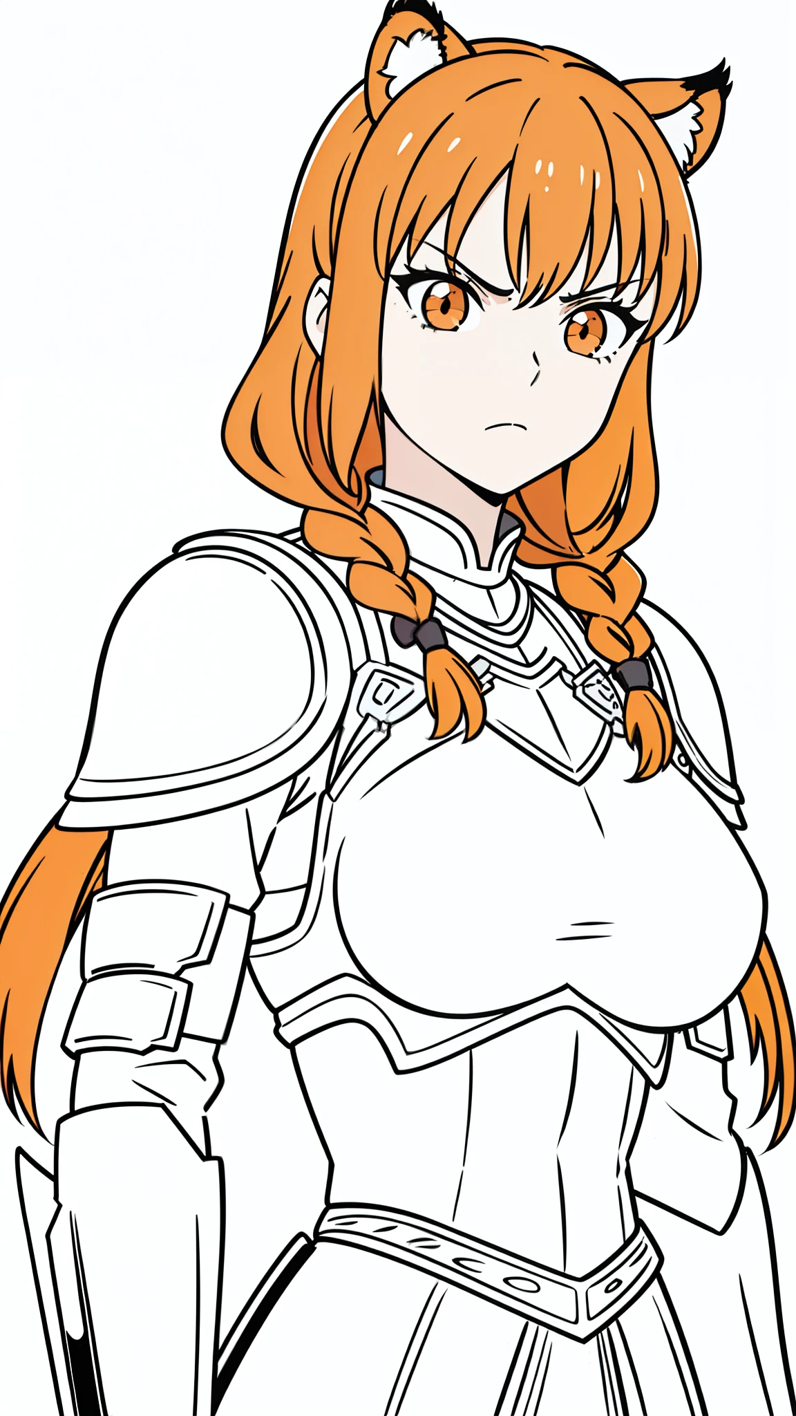 (1girl,20 years old,mature female,solo),tiger ears,long hair,(twin braids),orange hair,white knight armor,(white background,line drawing),upper body,angry,upper body