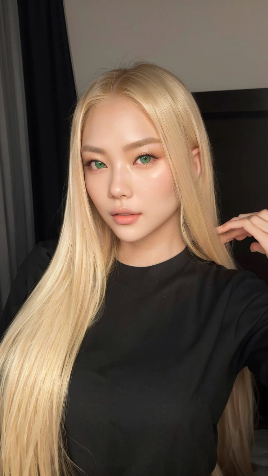 a close-up of an Asian woman with long blonde hair posing for a photo, loira linda, blonde and attractive features, long blonde hair and green eyes, long blonde hair and big eyes, dasha taran, straight blonde hair, long straight blonde hair, extremely long and thick blonde hair, blonde girl, silken blonde hair