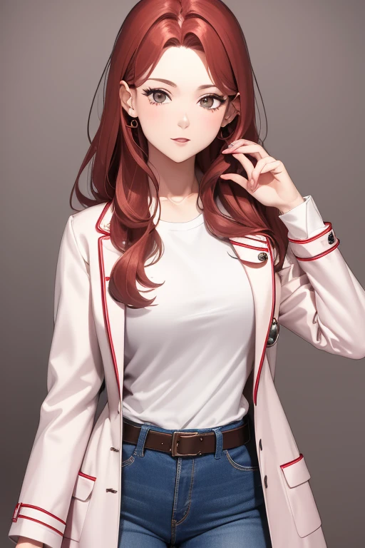 bonibel Handsome 40 year old woman with long wavy red hair with pink highlights, pierced ears, honey brown eyes, open white doctor's coat, blue denim jeans, white shirt with candy print, black belt, looking directly at viewer. a white background.