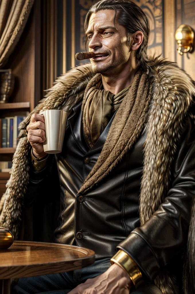 masterpiece, Highest quality, Very detailed, Surreal, Realistic, Cool man in his 40s, Ultra detailed face:1.2, Fur coat, a scarf around the neck, In his left hand is a golden pirate hook, cigar, Coffee cup on the table:1.3, a modern livingroom, Laughter, Dynamic pose