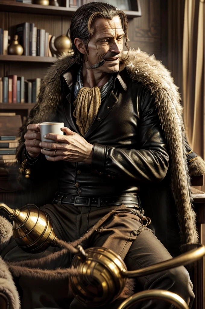 masterpiece, Highest quality, Very detailed, Surreal, Realistic, Cool man in his 40s, Ultra detailed face:1.2, Fur coat, a scarf around the neck, In his left hand is a golden pirate hook, cigar, Coffee cup on the table:1.3, a modern livingroom, Laughter, Dynamic pose
