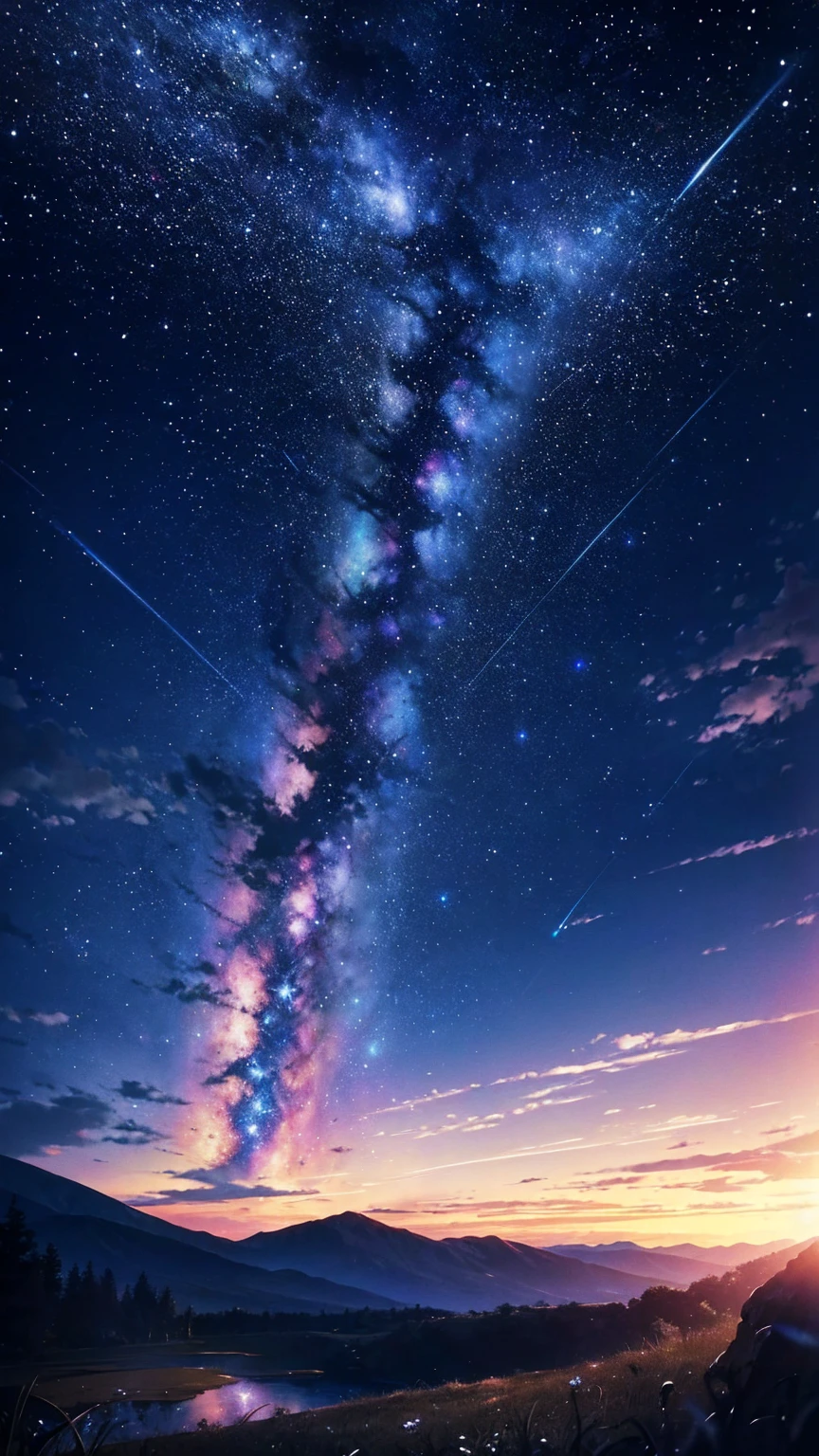 4K landscape, Beautiful stars in the background, that'It's like a dream, sky looking so beautiful, Super Resolution, Perfect lighting, Dark Space, Space Photography, so beautiful, Fantasy World, Girl standing on flowers, Look at the sky, Dark atmosphere, Perfect color grading, Planet in the sky